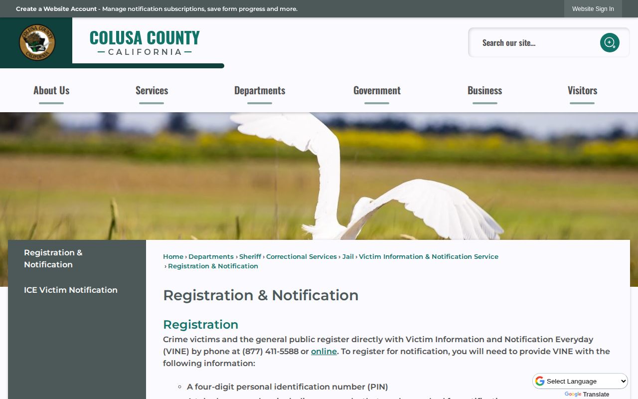 Colusa County 24 hour release VINE registration source