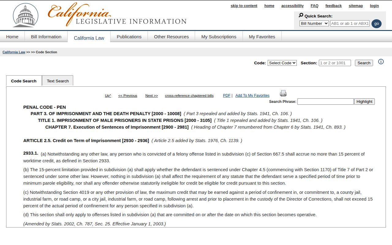 Colusa County release date lookup Penal Code 2933.1 violent felony credit cap